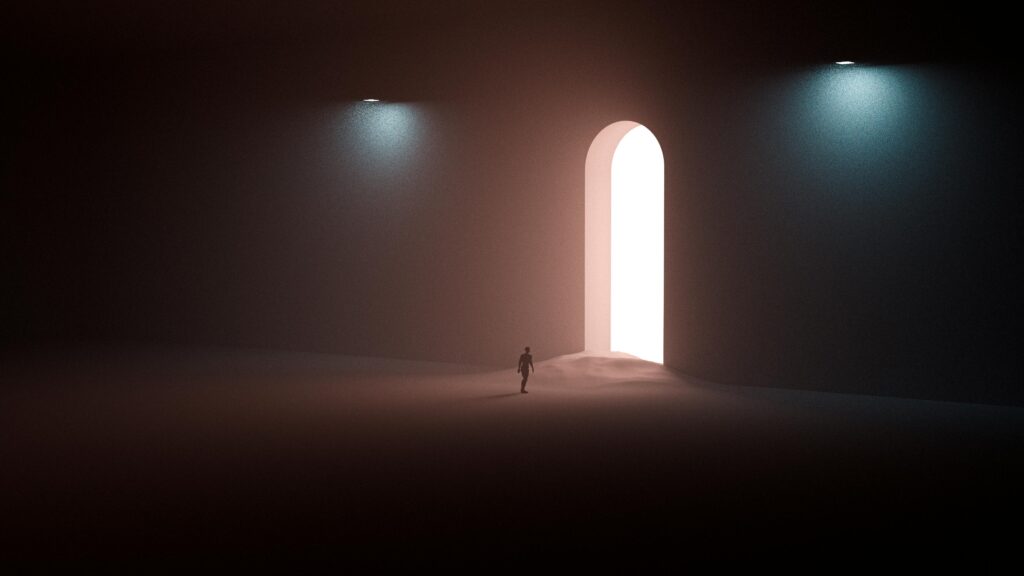 A surreal scene with a silhouetted man approaching a bright arched doorway in a dark room.